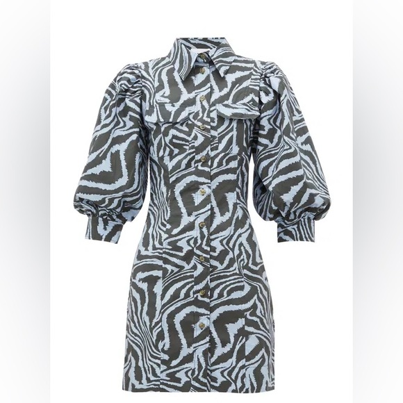 Ganni Zebra Print Cotton Shirt Dress Puff Sleeve Mini Blue Gray Designer EU34 XS - Picture 6 of 16